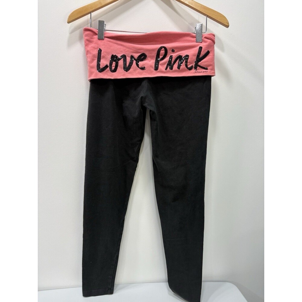 Victoria Secret Yoga Leggings Womens S Black  Pull On Y2K Fold Over Pink Sequin